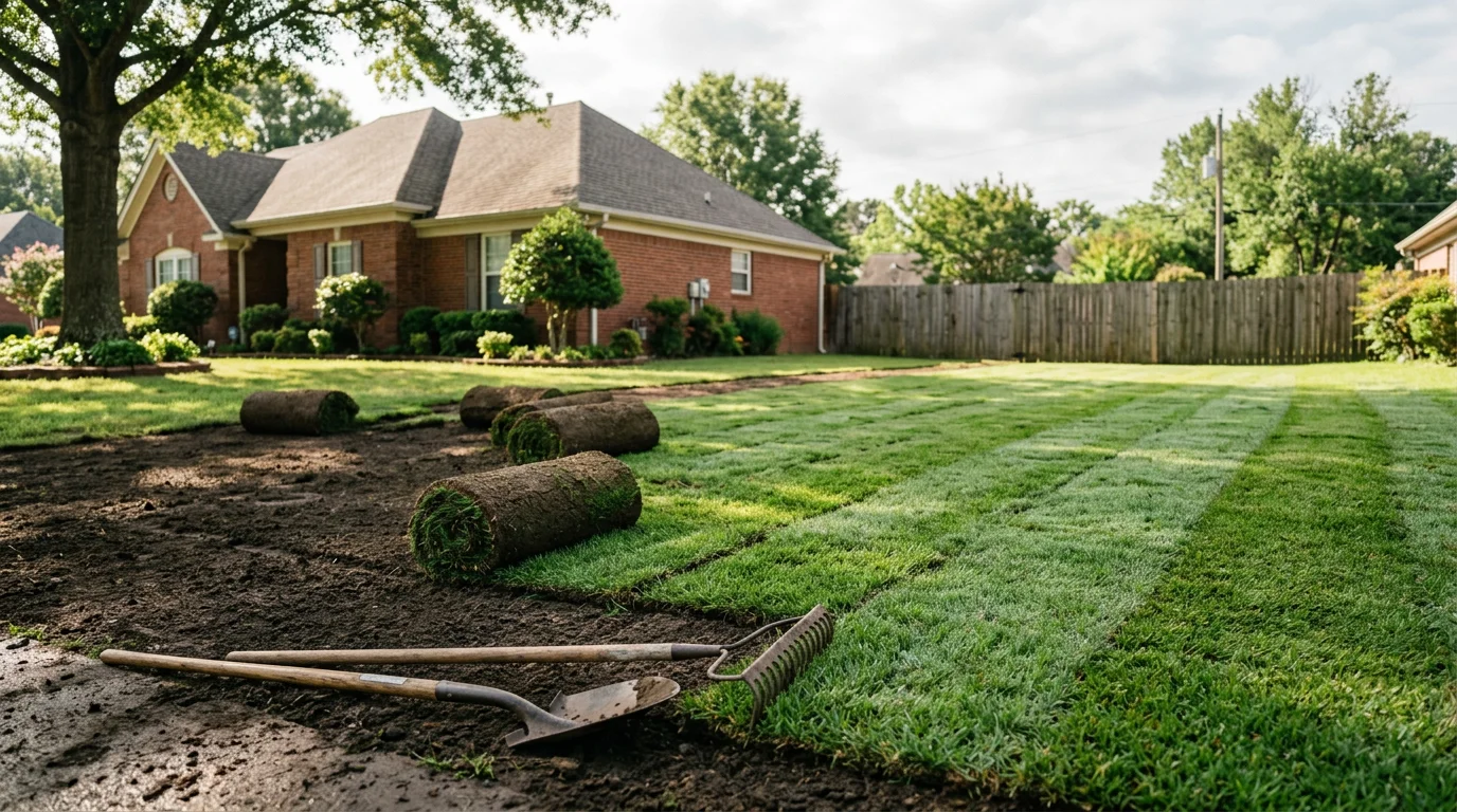 Fresh sod being installed on a residential lawn in Memphis