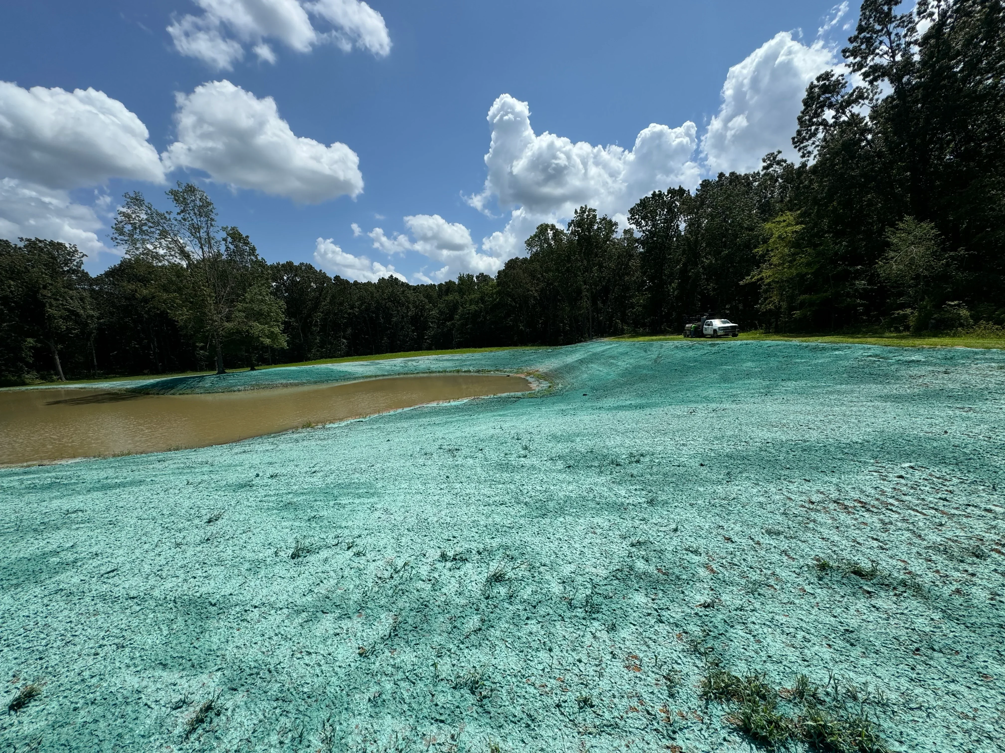Cleared land with turquoise mineral soil, natural drainage channel, and dense forest border