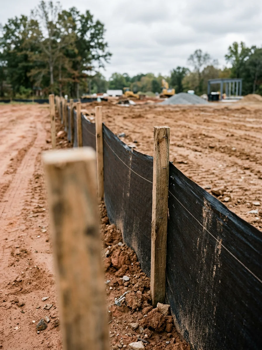 Close-up of freshly installed silt fence staked along the edge of a bare construction lot in Bartlett, Tennessee, with compacted clay soil visible behind it.