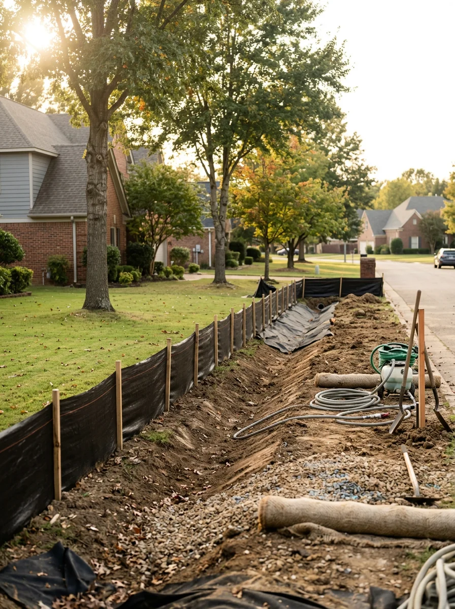Hydroseeding slurry being applied to a graded detention pond bank in a Collierville, Tennessee subdivision, with silt fence staked along the lower edge of the slope.