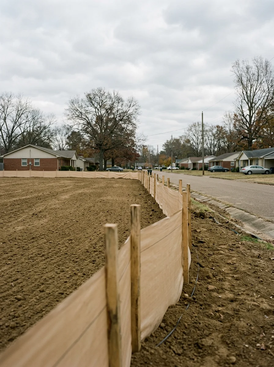 Silt fence staked along the edge of a graded lot in Millington, TN, with flat Delta-influenced terrain and a residential street visible beyond the construction boundary.