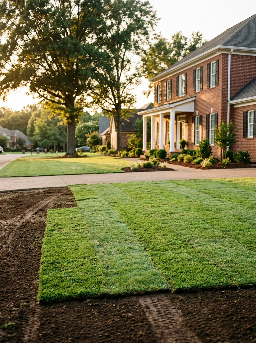 Sod installation on a finished residential yard in an Olive Branch, Mississippi neighborhood, with a new brick home and landscaped front beds visible behind the crew.