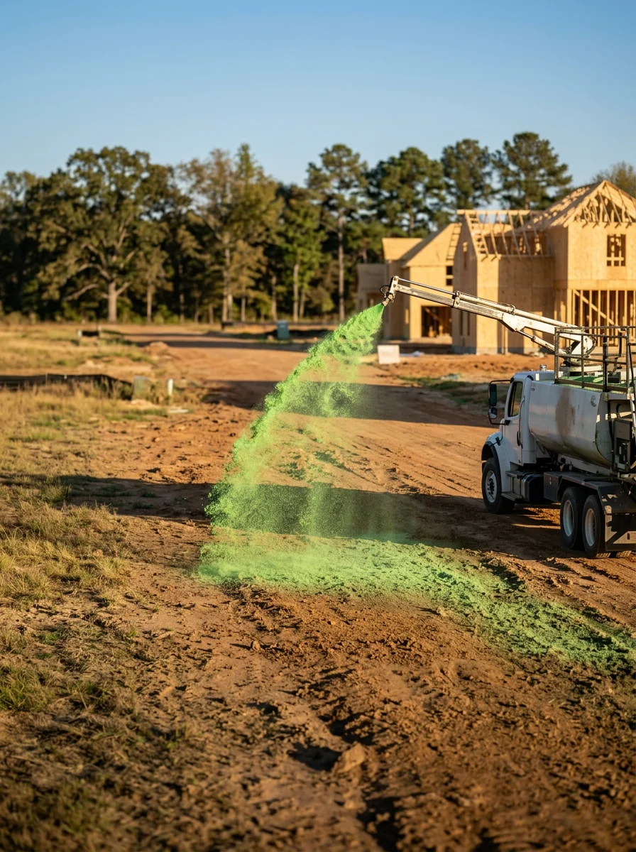 Hydroseeding equipment applying green slurry to a bare residential lot in a Southaven, MS subdivision, with a new home frame visible in the background.