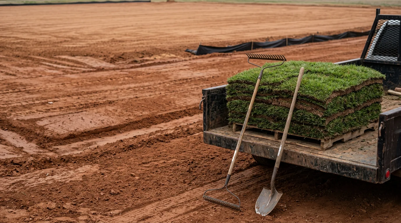 Freshly installed commercial sod covering a graded property in Bartlett, Tennessee, with tight seams and uniform green turf across a large open lot. A commercial building is visible in the background against a clear Mid South sky.