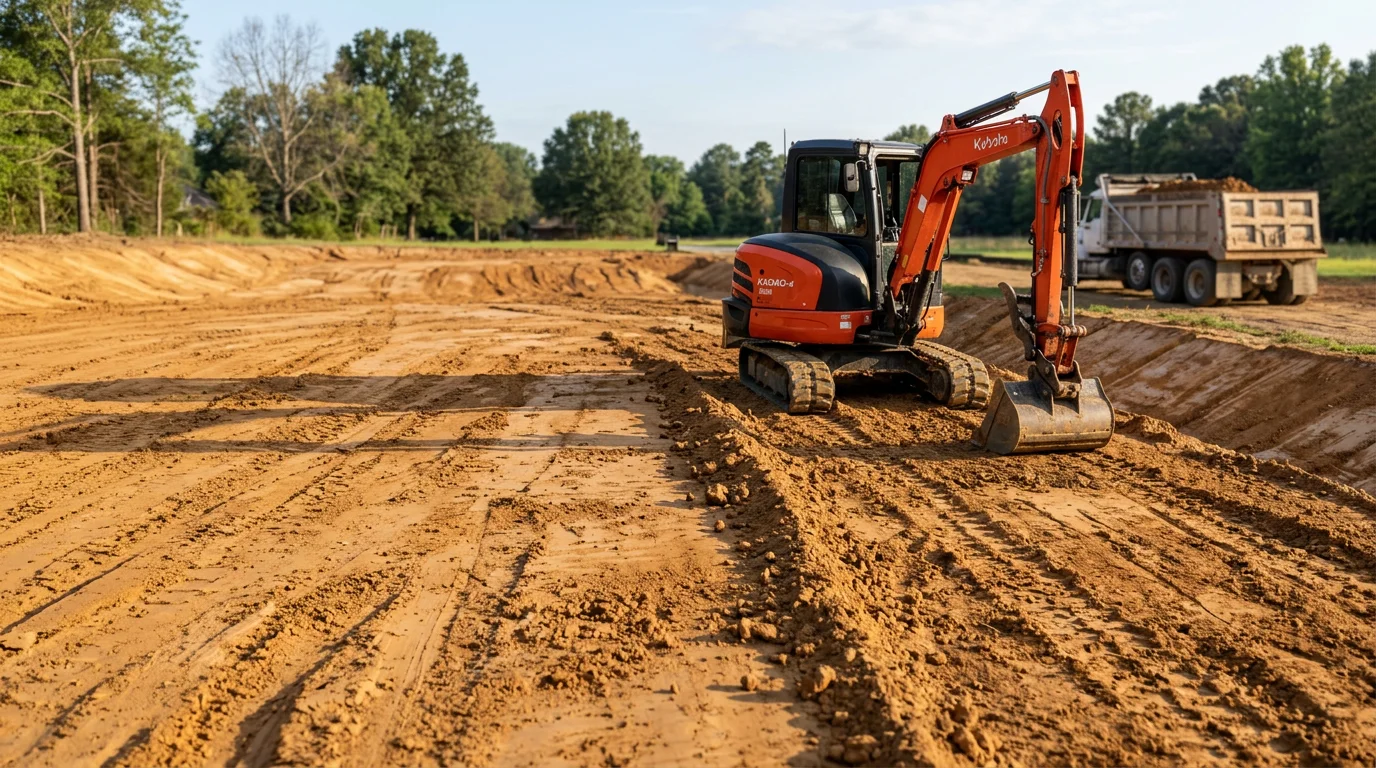 A tracked excavator moving and shaping clay soil on a residential lot in Bartlett, Tennessee, with cleared ground ready for construction. The finished surface slopes away from the property to direct water runoff.