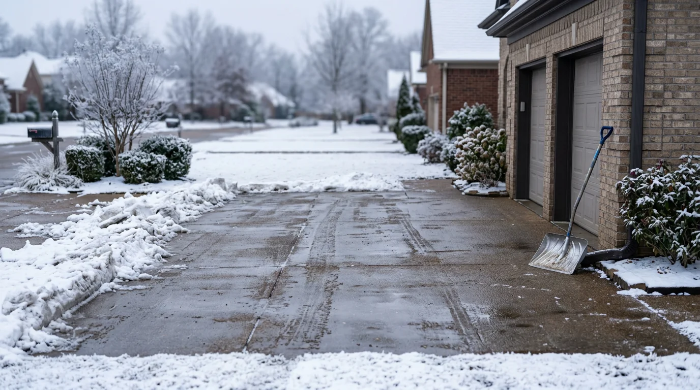 A residential driveway in Bartlett, Tennessee cleared of snow down to the pavement surface after a winter weather event. The surrounding yard and street remain snow-covered, showing the contrast of the cleared path to the garage.