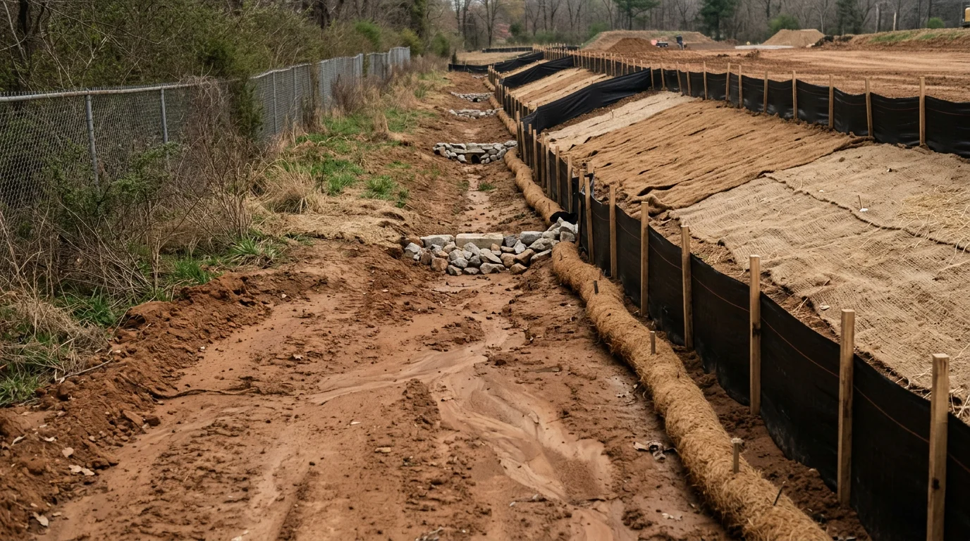 Stabilized slope on a residential construction site in Bartlett, Tennessee, with sediment control measures installed to prevent soil runoff onto adjacent property. Exposed silt loam soil is protected against Mid-South rainfall on a graded lot.
