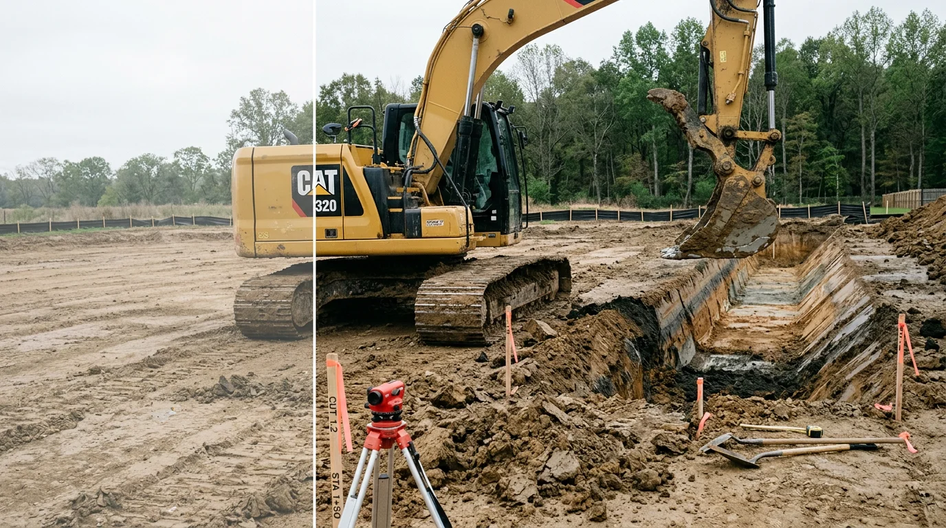 An excavator digging a graded trench on a residential lot in Bartlett, Tennessee, with exposed clay soil and a cleared site ready for drainage or construction work.