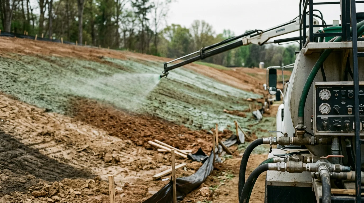 Freshly hydroseeded lawn on a graded residential lot in Bartlett, Tennessee, showing green slurry applied evenly across bare soil near a new construction site. The mulch layer covers the full surface, including a gentle slope along the property edge.