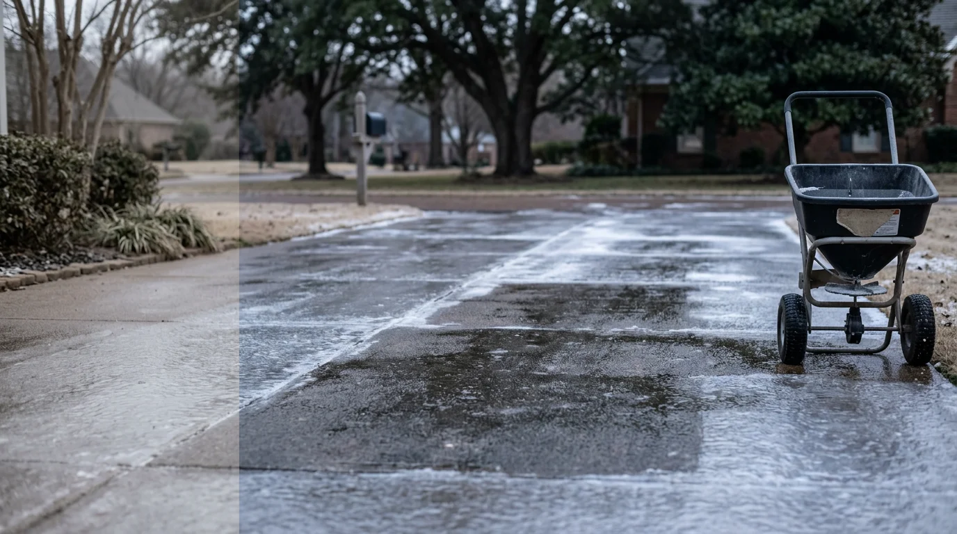 A cleared residential walkway in Bartlett, Tennessee after ice removal service, with treated concrete free of freezing rain glaze and surrounding surfaces still coated in ice. A Mid South winter scene showing the contrast between a treated entry path and an untreated yard surface.