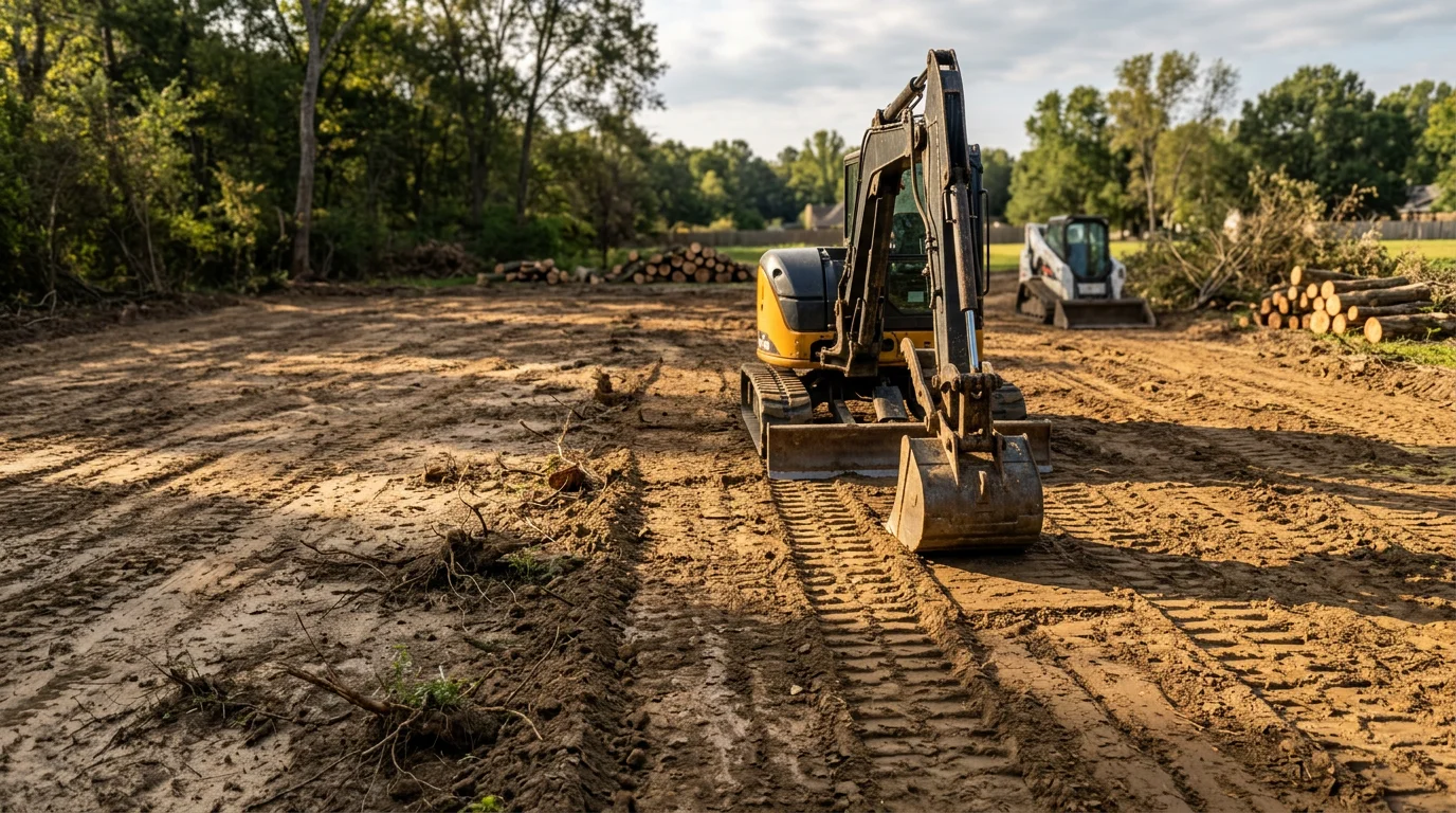 A cleared residential lot in Bartlett, Tennessee with trees, stumps, and brush fully removed, leaving a level open surface ready for construction. Heavy equipment is visible at the edge of the site with surrounding Mid South hardwood tree line in the background.