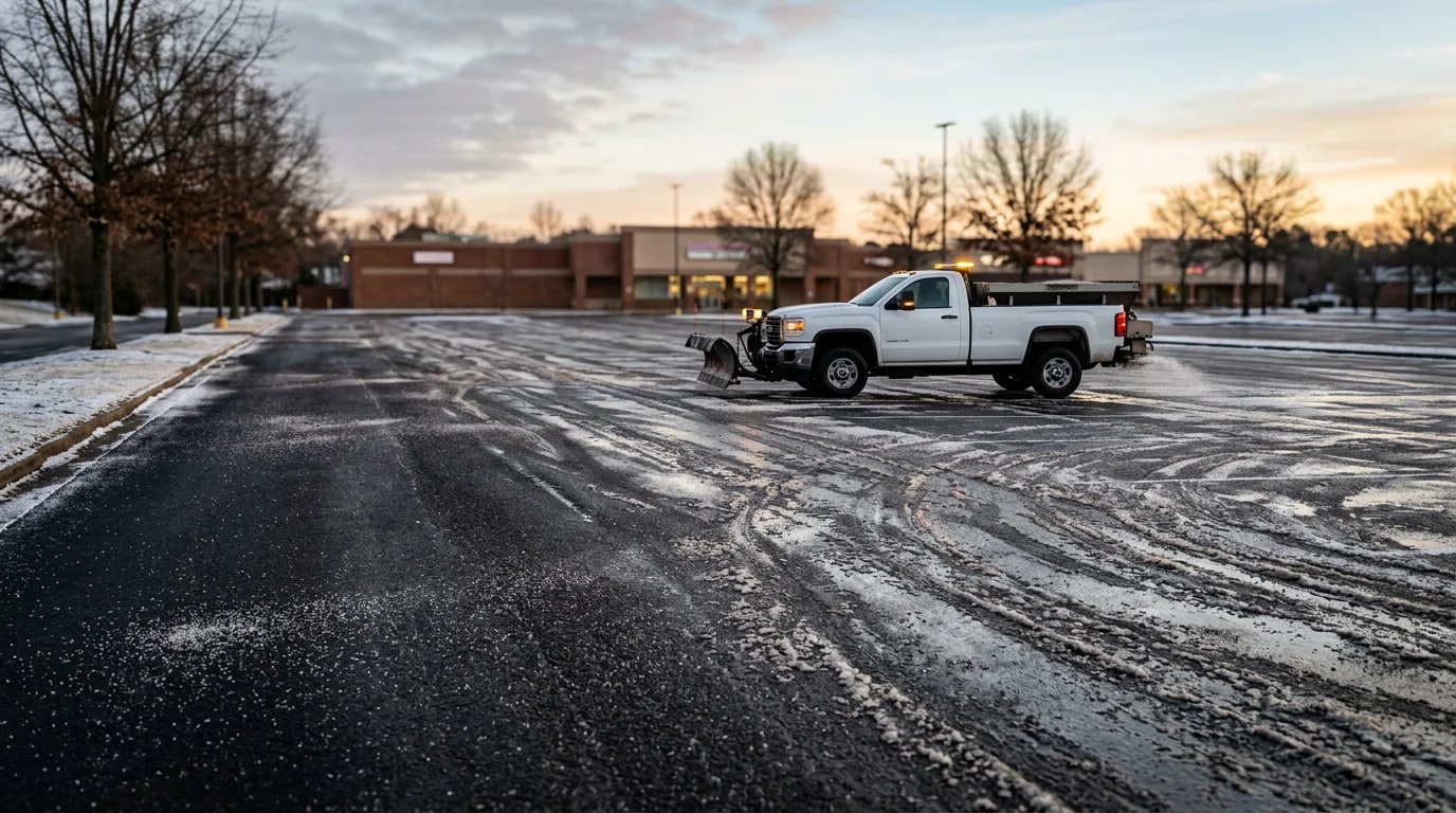 A cleared commercial parking lot in Bartlett, Tennessee with snow pushed to the perimeter and open drive lanes and stall areas visible after a winter storm.