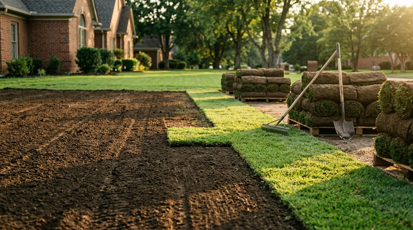 Freshly installed residential sod covering a front yard at a Bartlett, Tennessee home, with clean sod seams laid across graded soil. The lawn shows uniform green coverage from the driveway edge to the foundation.