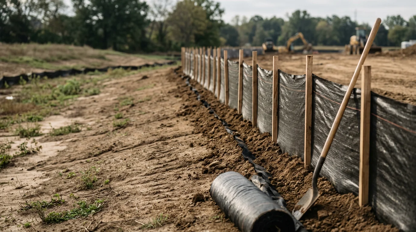 Silt fence installed along the down-slope perimeter of an active construction site in Bartlett, Tennessee, with geotextile fabric stretched between wooden posts and the toe trenched into the soil. The barrier runs along the land contour to intercept sheet flow and prevent sediment from reaching the adjacent drainage ditch.