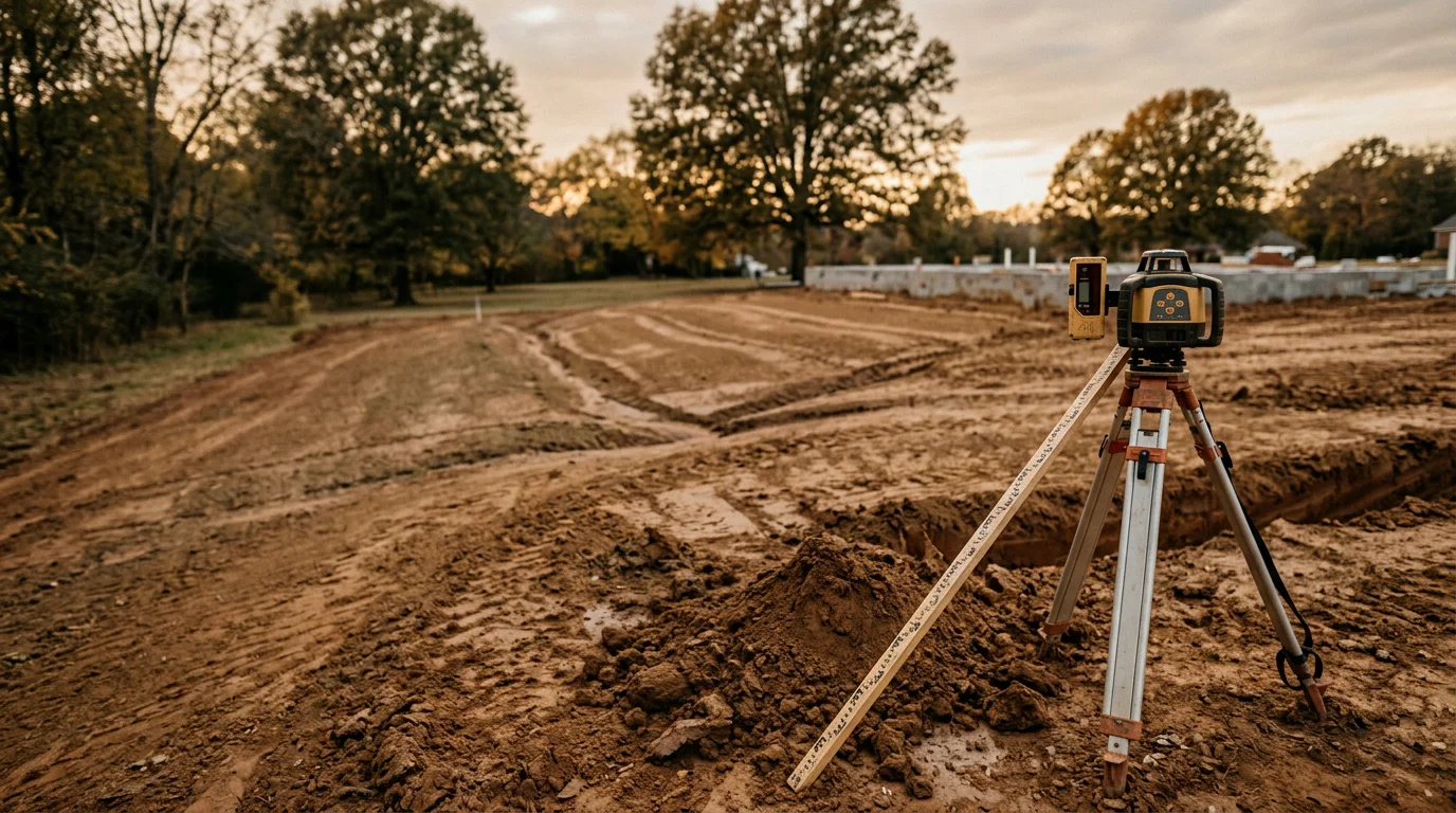 A freshly graded residential lot in Bartlett, Tennessee showing smooth, sloped earth directing surface runoff away from a home's foundation. Heavy clay soil has been contoured and compacted to create proper drainage flow across the yard.