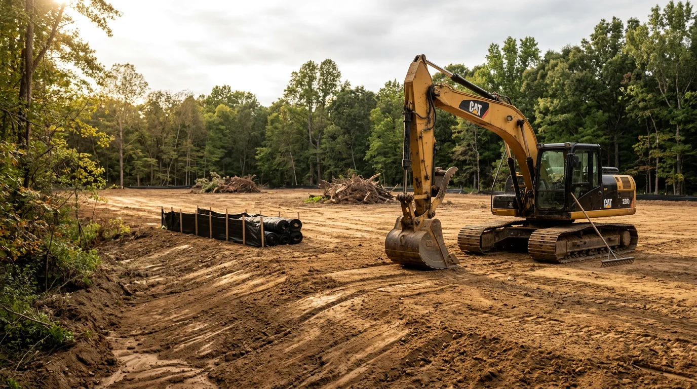 Cleared and leveled lot in Bartlett, Tennessee showing bare soil ready for construction after site preparation work. Heavy clay ground is visible with vegetation and debris removed across the full property footprint.