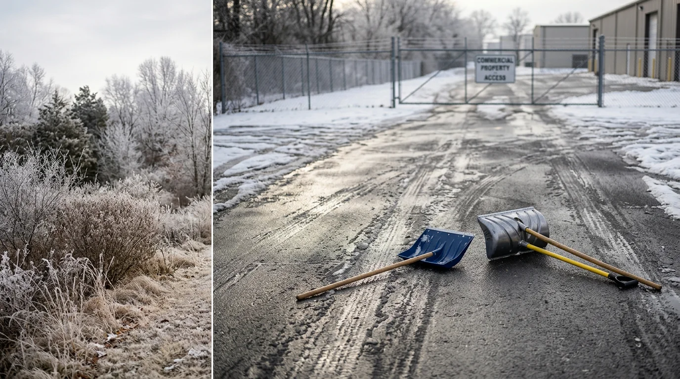 Snow-covered walkway and access surface at a commercial property in Bartlett, Tennessee being cleared by a professional snow removal crew. Winter conditions typical of the Mid South region are visible with light snow accumulation across the ground.