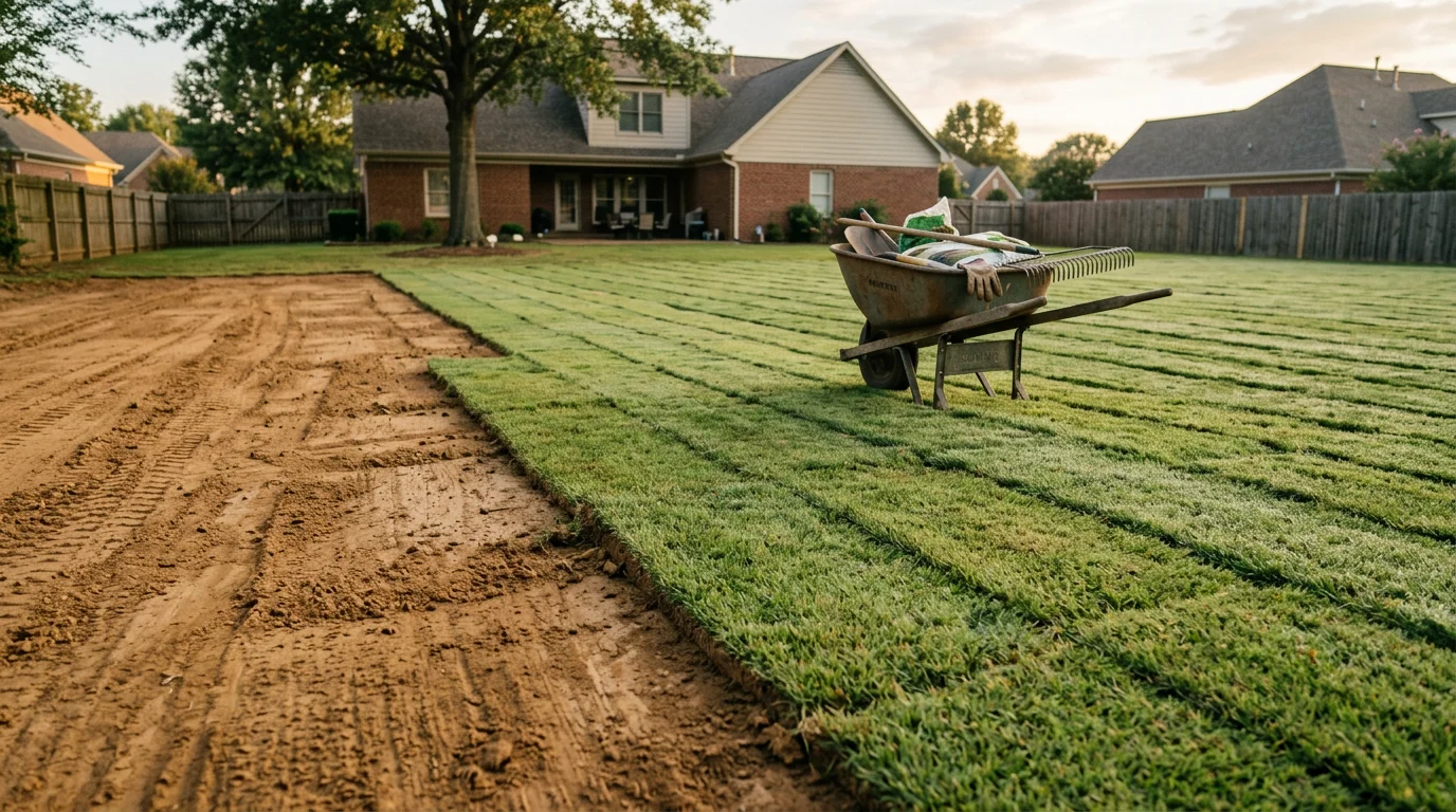 Freshly installed sod covering a residential lawn in Bartlett, Tennessee, with clean edges and uniform green turf across the full yard. A Mid-South property showing completed sod installation on a clear day.