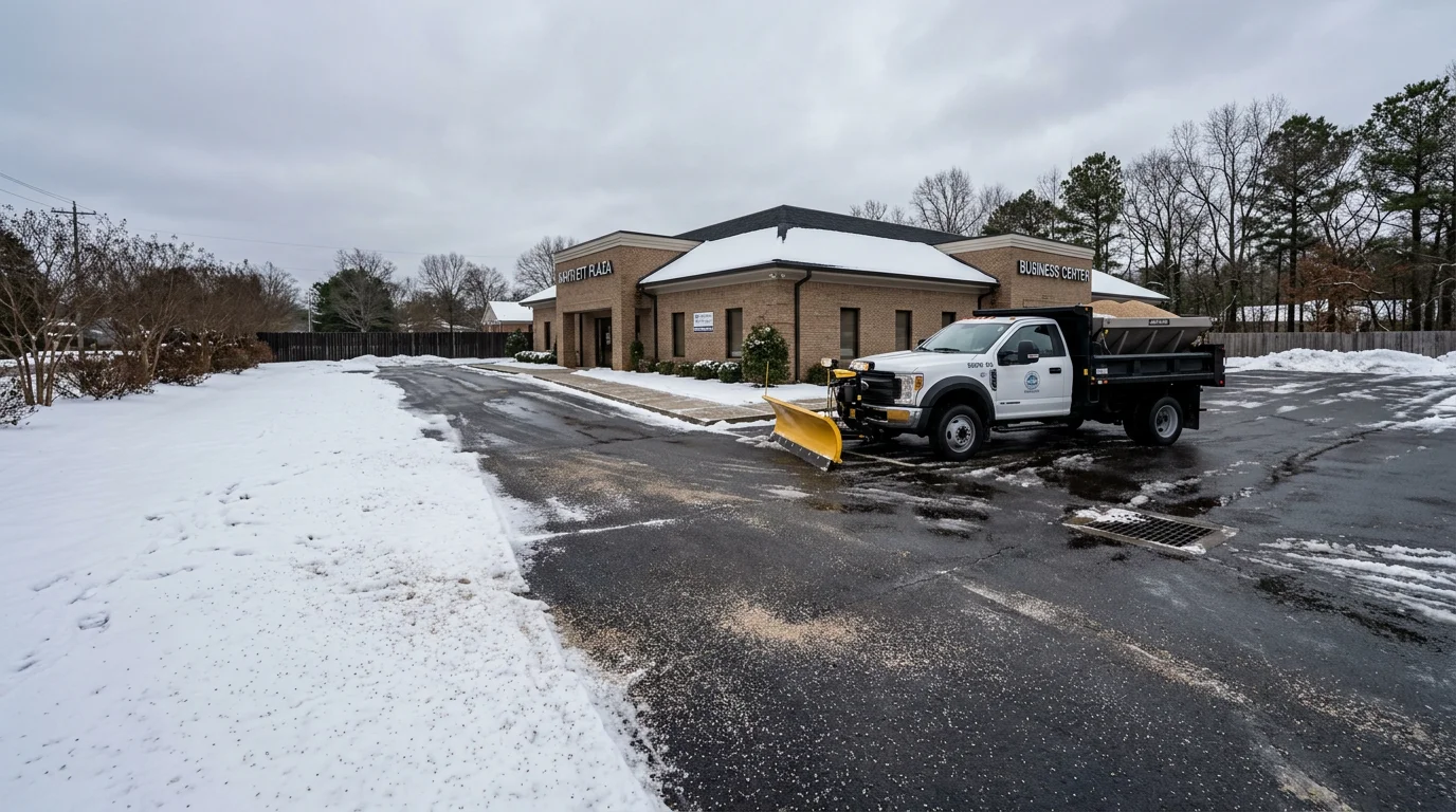 A commercial property in Bartlett, Tennessee with reinforced sediment barriers and cleared drainage channels after winter site maintenance service. Ground cover and erosion controls are intact along a sloped area near a paved surface.